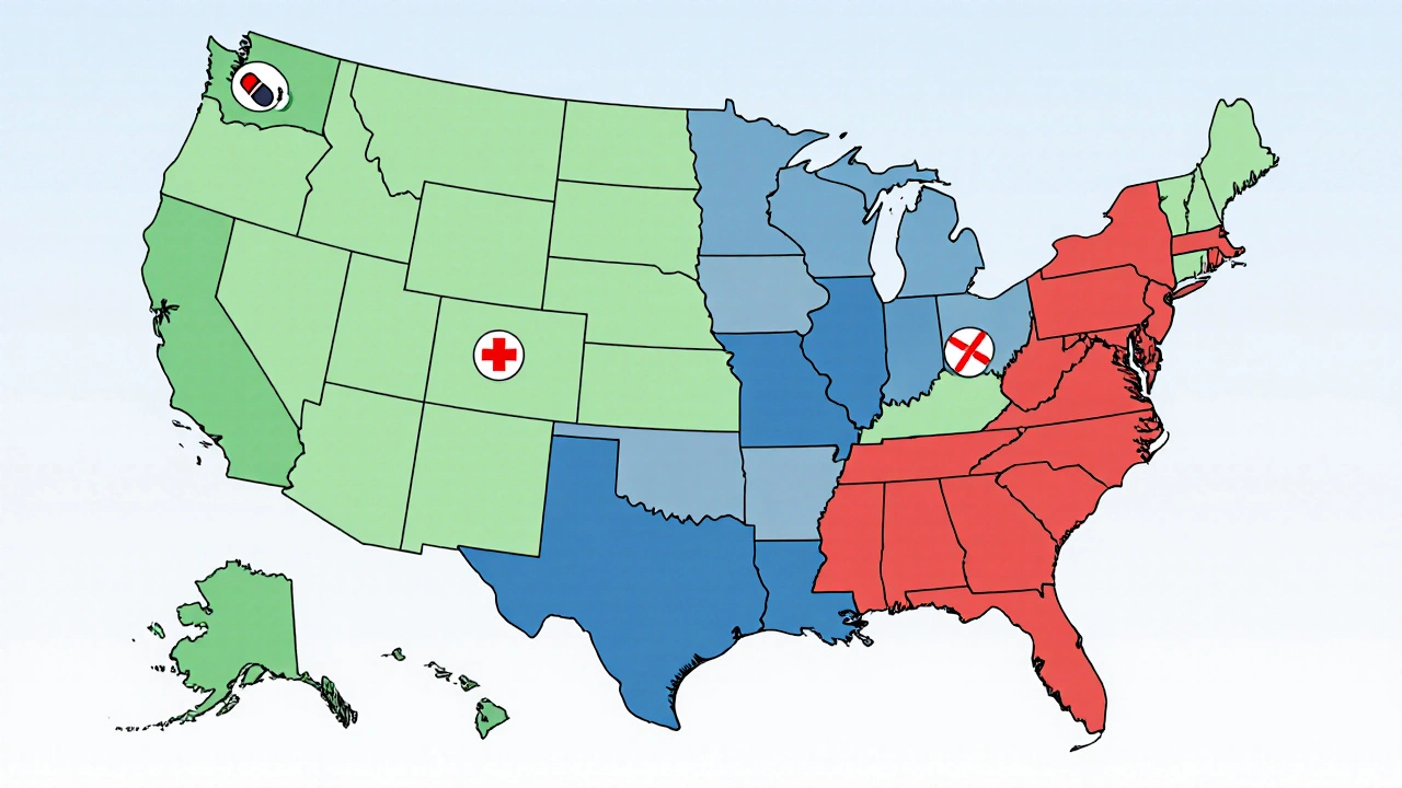 Barevná mapa USA rozdělená podle legality CBN – zelená, modrá a červená, s ikonami kapslí a křížů.