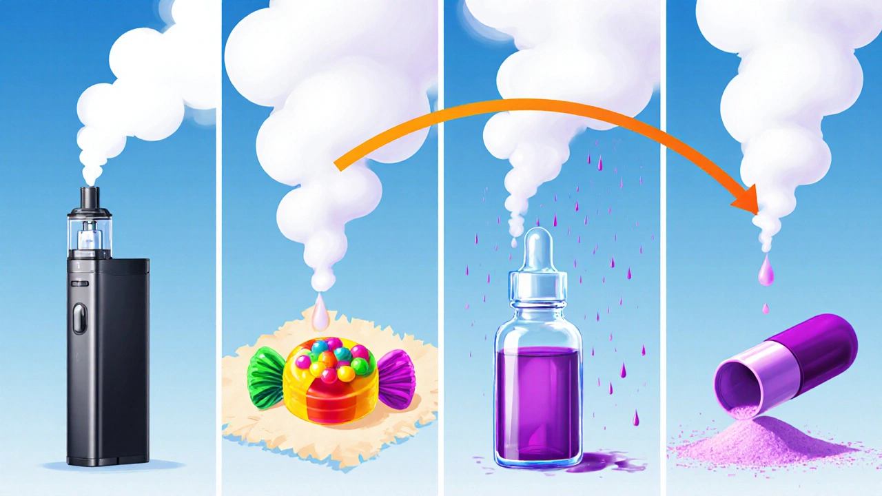 Čtyři způsoby konzumace HHC: vape, gummies, tinktura, kapsle.