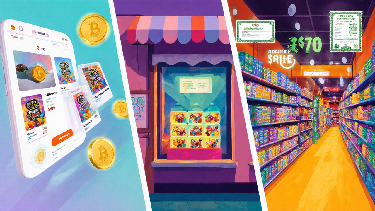 Ilustrace tří nákupních scén – e‑shop, kamenný obchod v Brně a tržiště – s CBD gummies a blikajícími cenovými symboly.