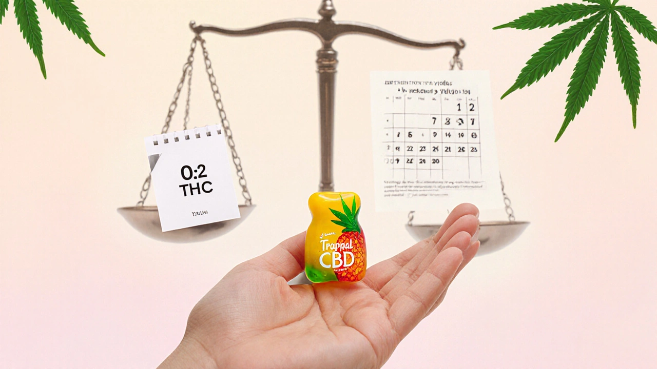 Ruka drží CBD gummy před váhami spravedlnosti a symbol 0,2 % THC, s kalendářem dávkování.