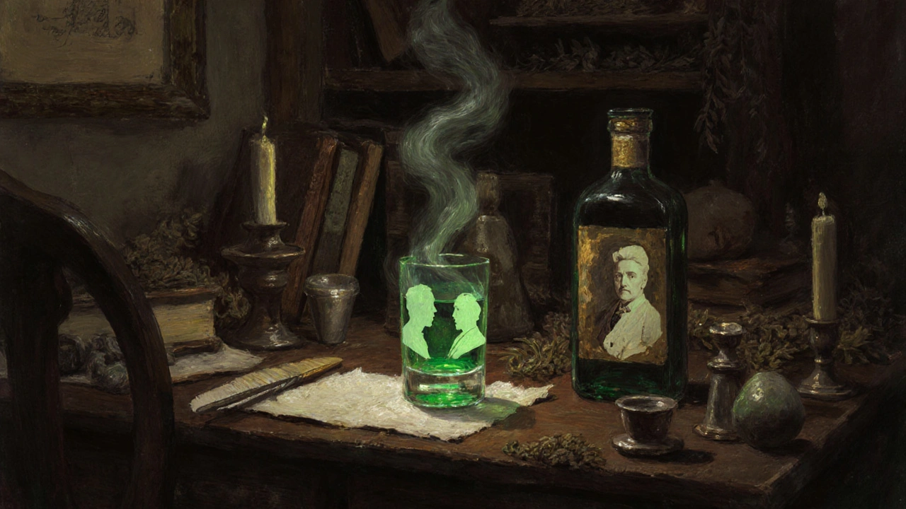 19. století umělecký ateliér s lahví absinthu, sklenicí a svíčkou, s mlhou tvarující postavy umělců.