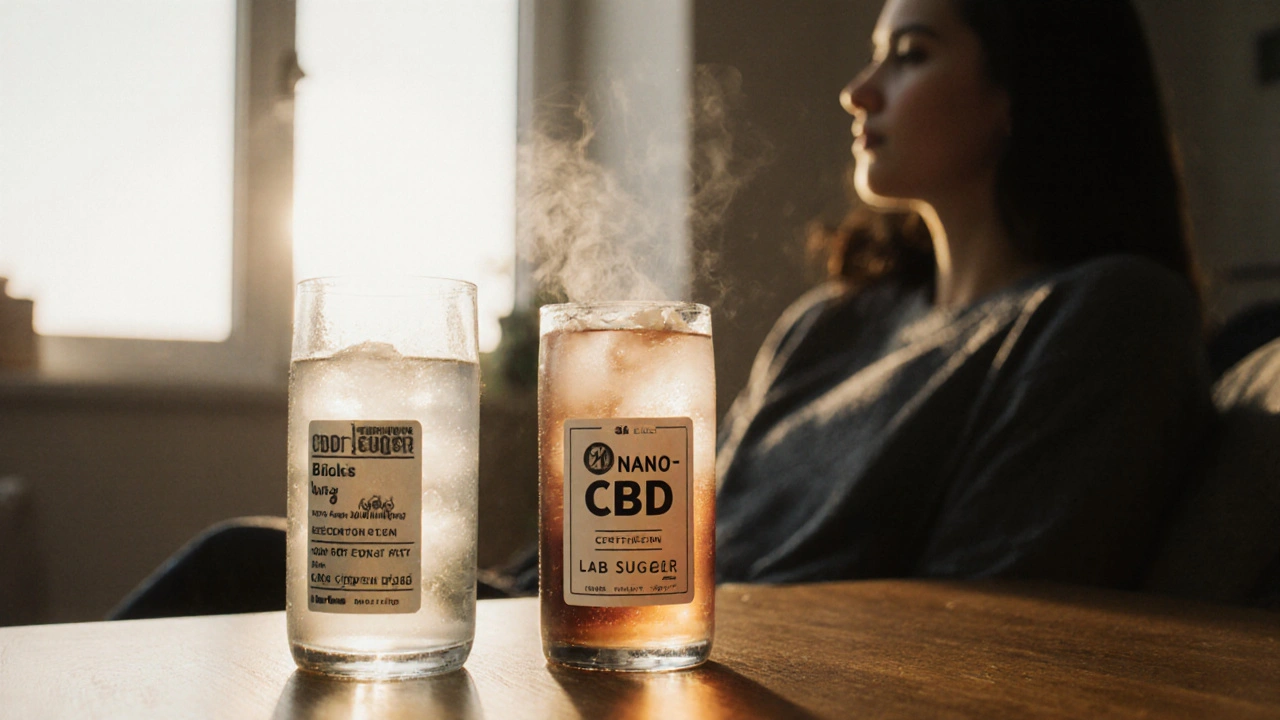 Dva CBD nápoje vedle sebe: kvalitní s certifikátem a špatný s nejasnou etiketou.