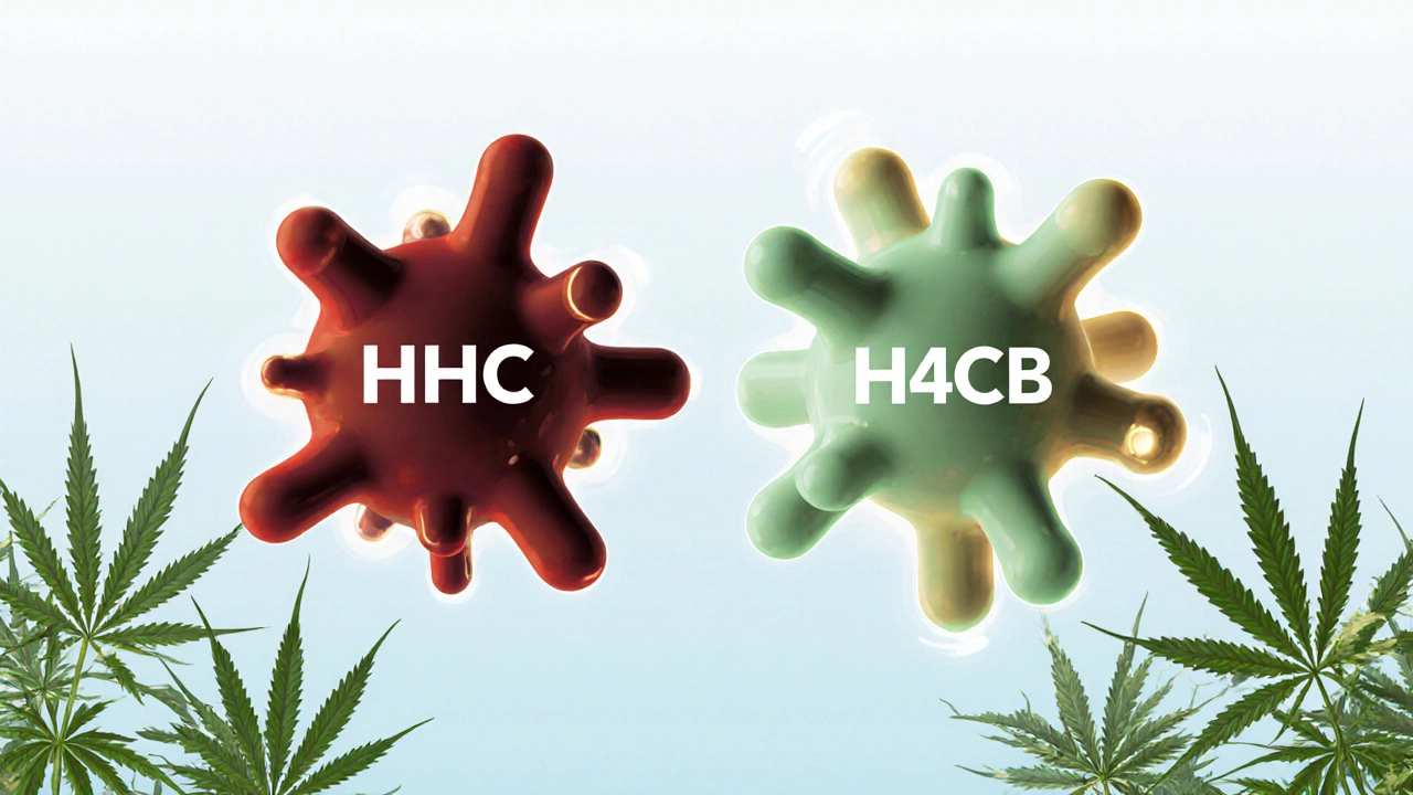Dva molekulární struktury: HHC s chaotickými vazbami a H4CBD s hladkými vazbami, symbolizující čistotu.