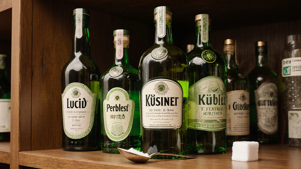 Na police v obchodě jsou lahve legálního amerického absintu s označením tujonu.