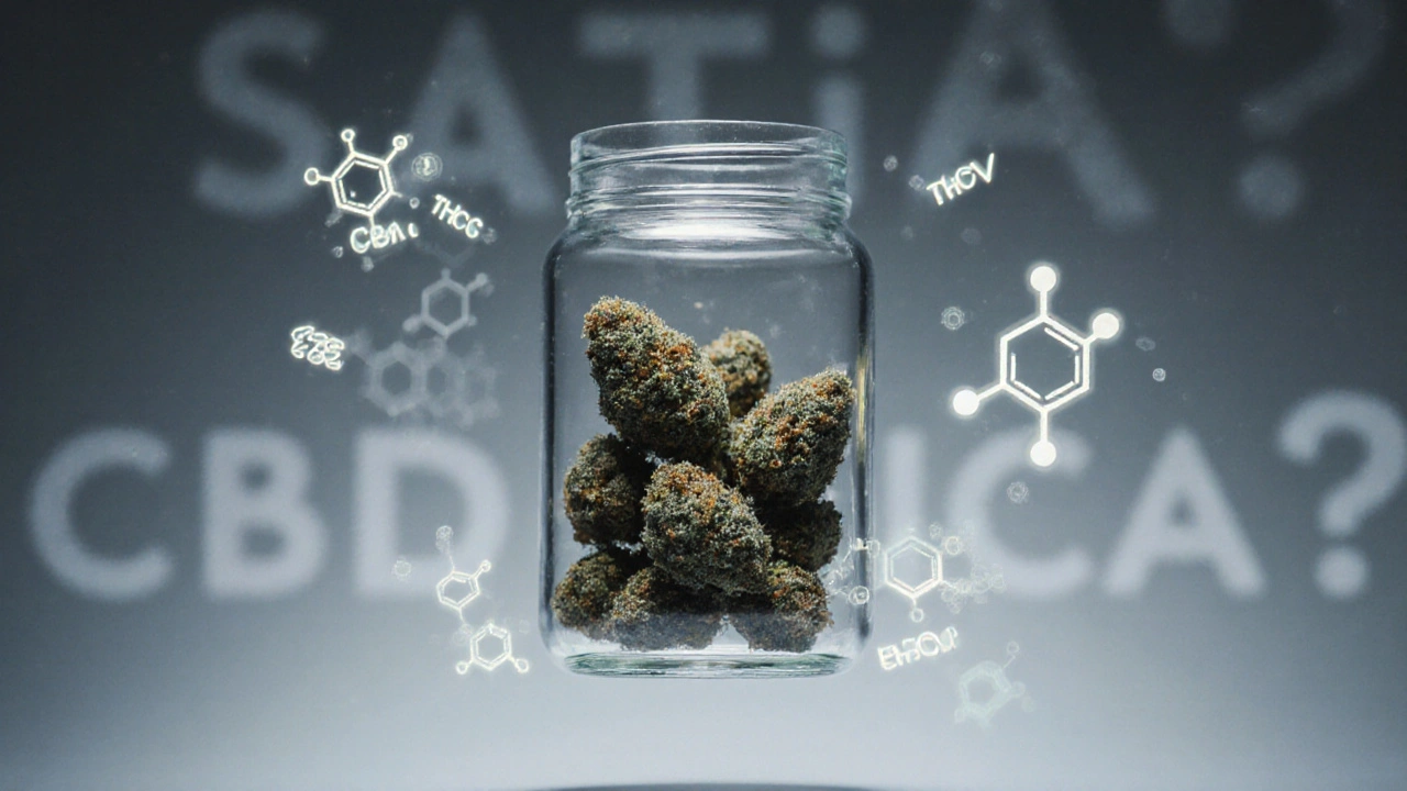 Průhledná nádoba s CBD květy a tanečícími molekulami terpenů a kannabinoidů v prostoru.