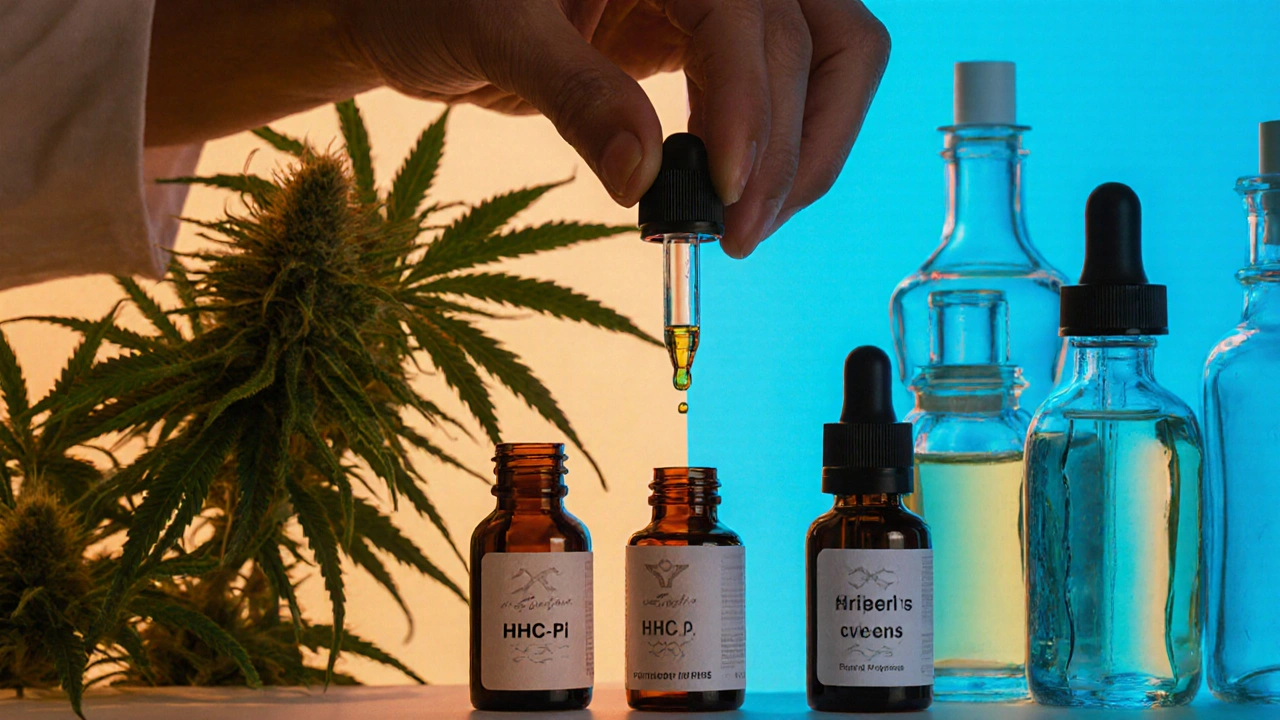 Ruka míchá terpeny do HHC-P oleje, pozadí ukazuje přírodní vs. umělé zdroje.