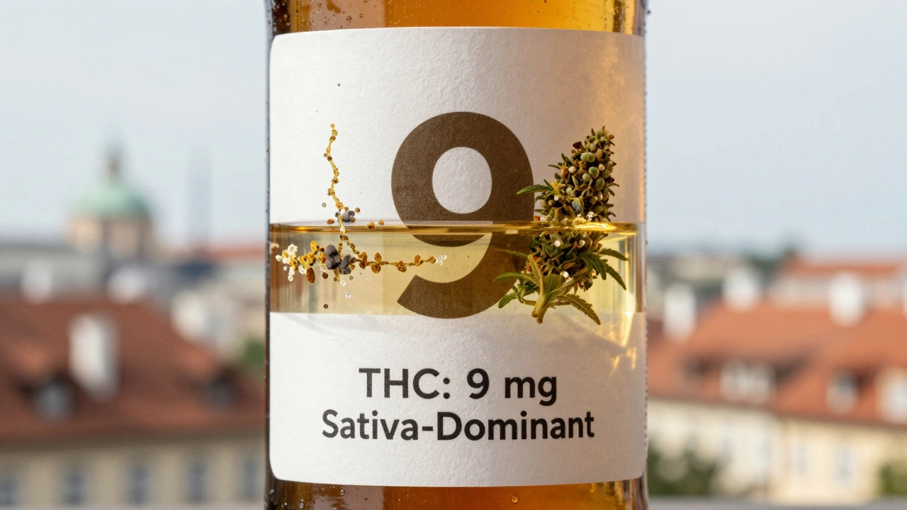 Blízký pohled na etiketu piva s vyznačeným obsahem THC a mikroskopickými strukturami konopí v pozadí.