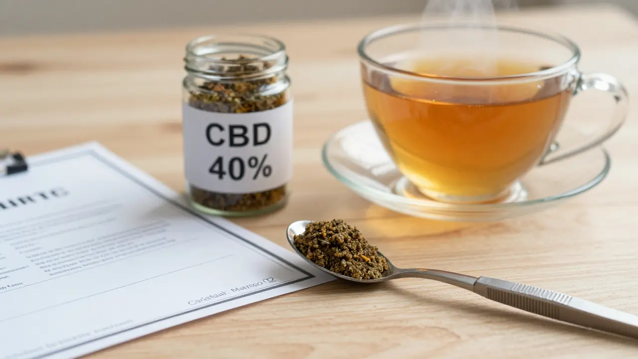 CBD hash pod jazykem s čajem a certifikátem kvality.