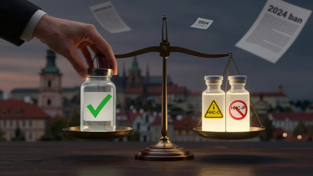 Právní váha s CBD na jedné straně a HHC-O/HHC-P na druhé, s varovnými a zakázanými značkami.