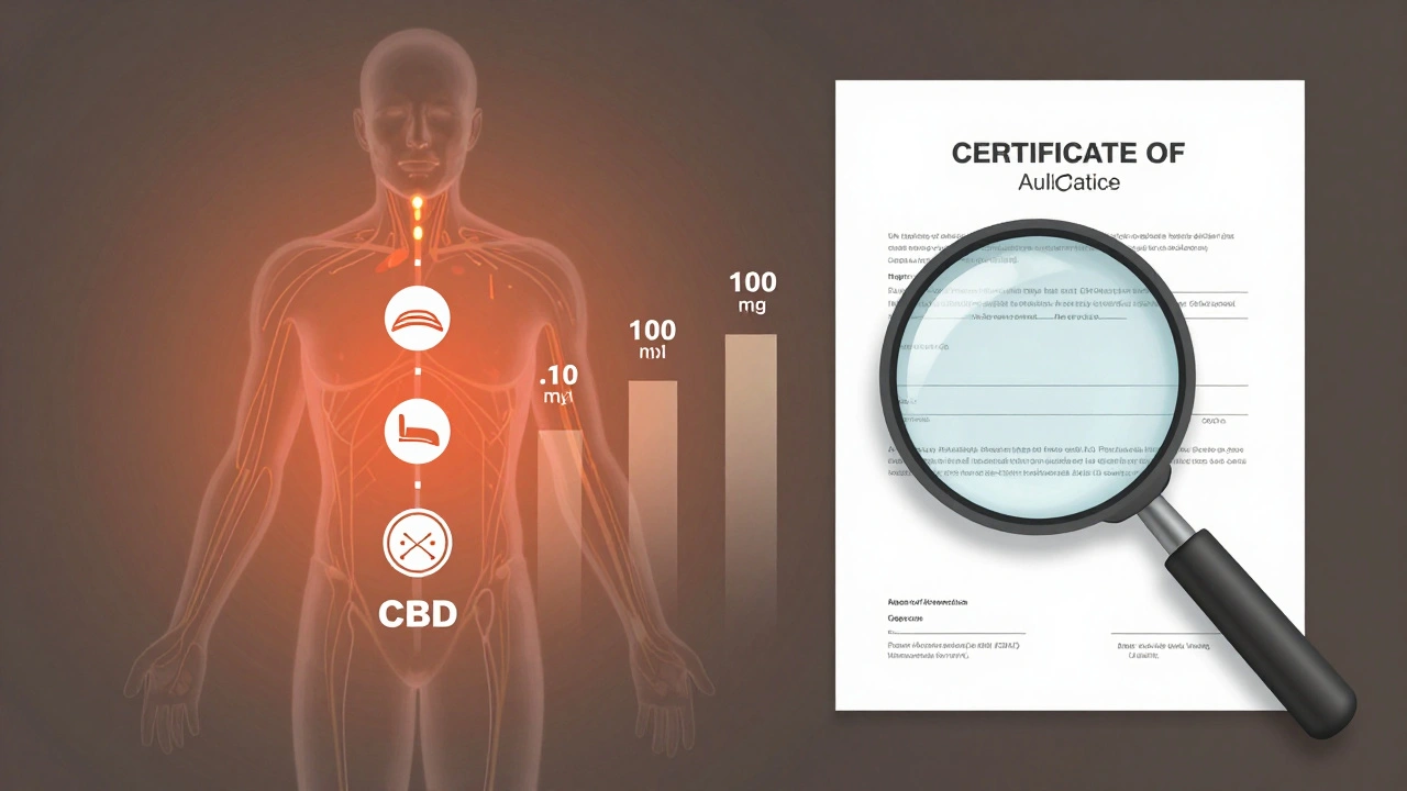 Stylizovaný obraz těla s označenými účinky CBD při různých dávkách a certifikátem analýzy.