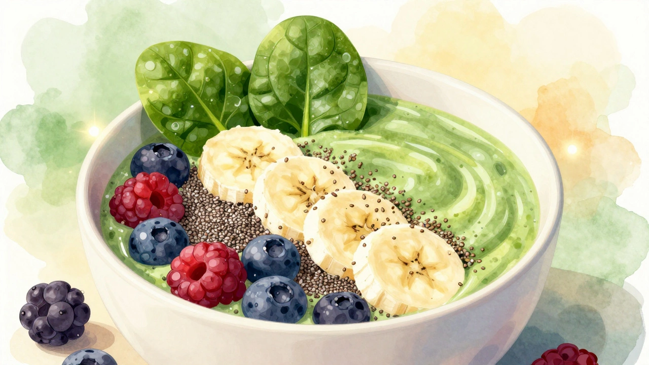 Zdravý smoothie bowl s konopnými semínky, banány a jahodami
