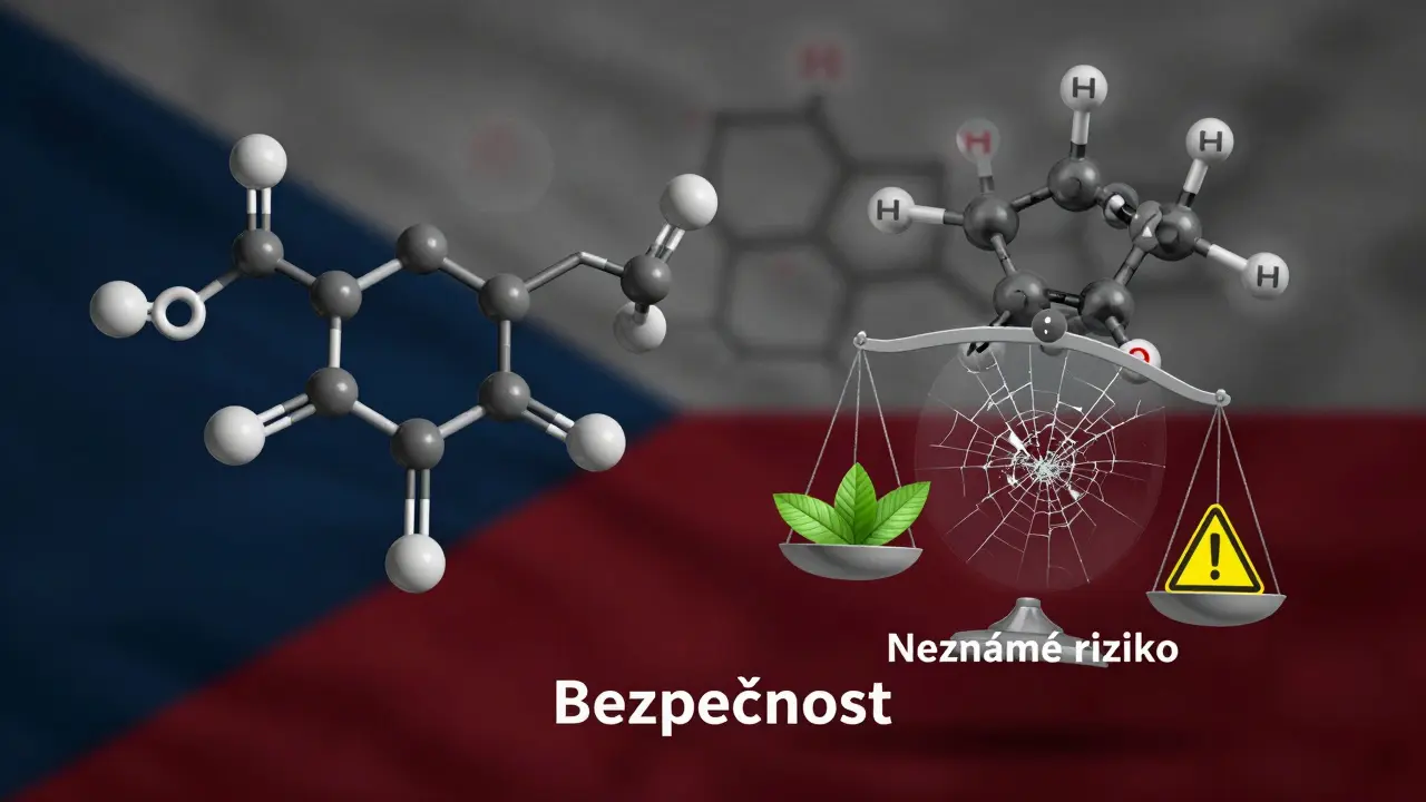 Chemické struktury CBD a HHC na váhách, jedna bezpečná, druhá s varovnými symboly.