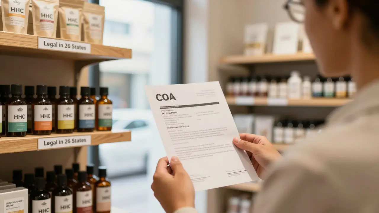Customer in a hemp store examining a certificate of analysis for an HHC product.