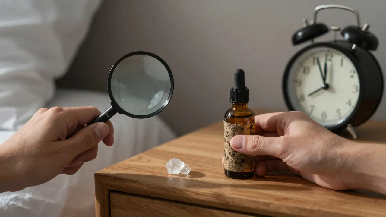 Dva typy CBD produktů – krystaly a olej – na nočním stolku před spaním.