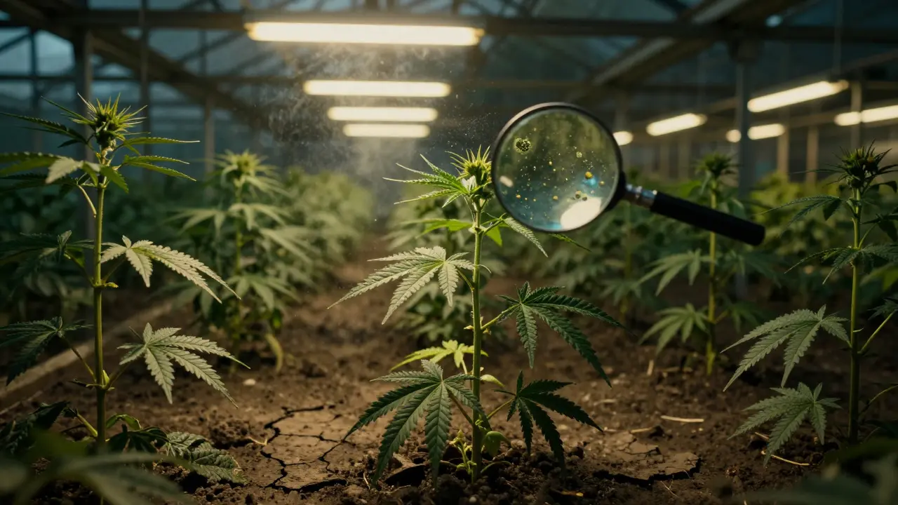 Konzervované konopí v kontaminované půdě s pesticidy a plísněmi v industriálním zařízení.