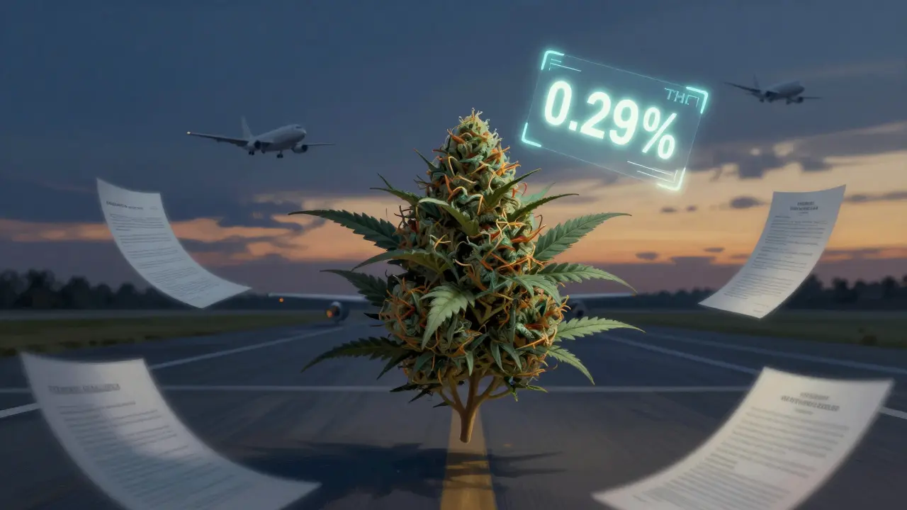 Květ CBD neviditelně plave nad letištní dráhou, kolem něj se objevuje holografický údaj THC 0,29% ve větře.