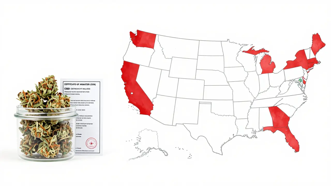 Rozdělená ilustrace: CBD květy s certifikátem analýzy na jedné straně, mapa USA s označenými státy podle zákonnosti na druhé.