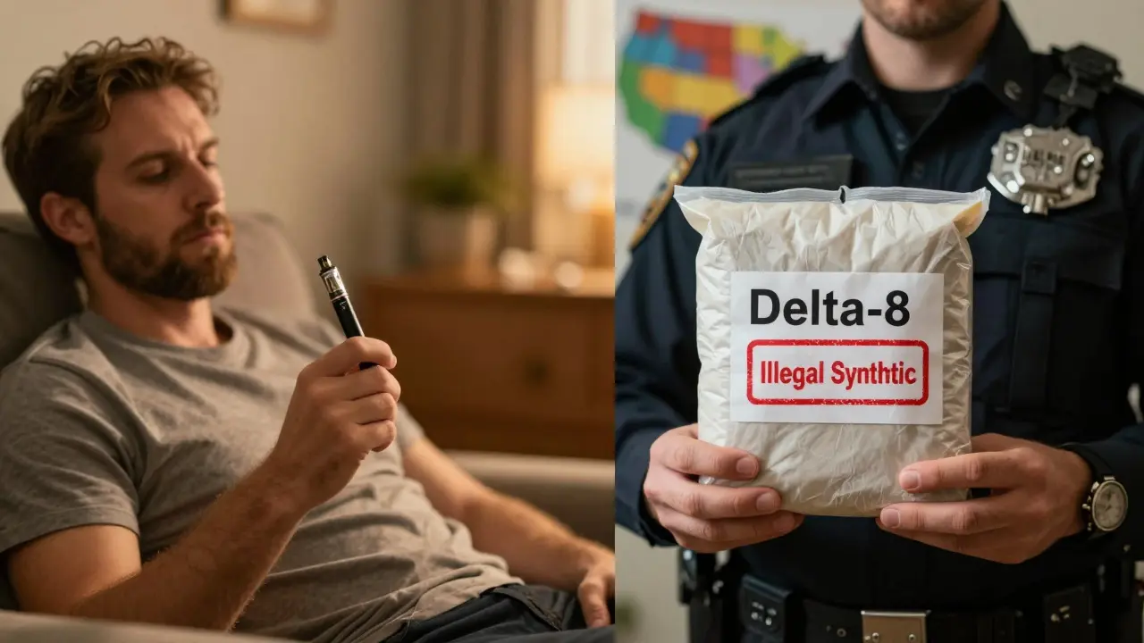 Rozdělený scénář: uživatel delta-8 vs. federální agent se zadrženým produktem.