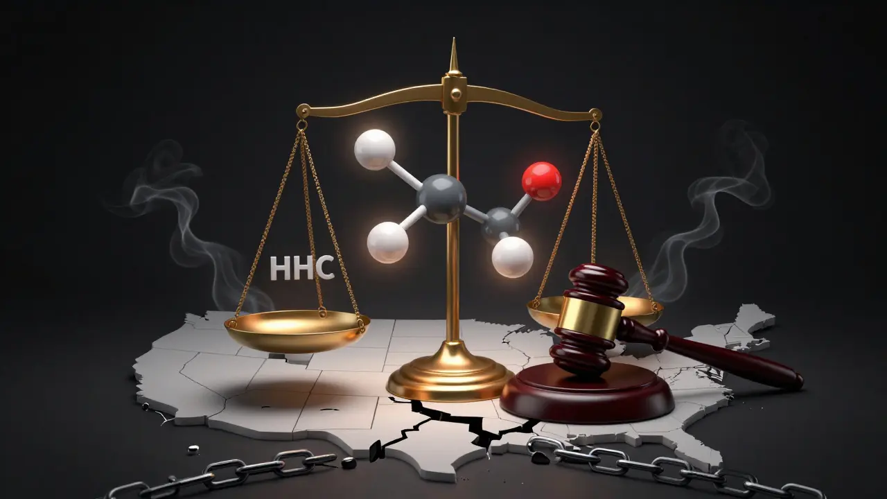 Symbolic scale balancing an HHC molecule against a gavel over a state map with broken chains.