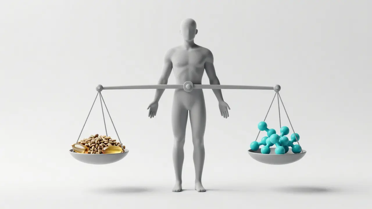 Tři váhy symbolizující rovnováhu semena konopí, omega-3 a bílkovin.