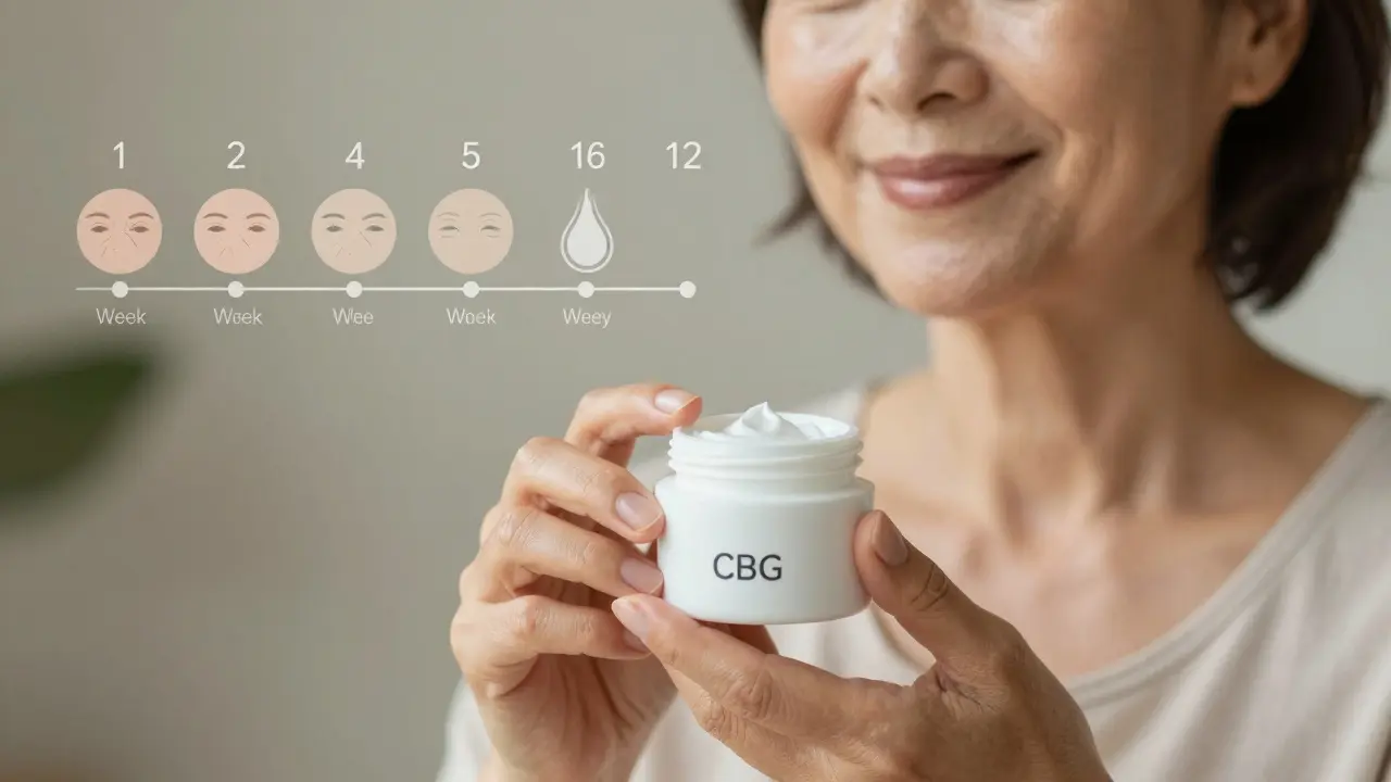 Žena v 60. letech s hladší pokožkou drží láhev CBG krému.
