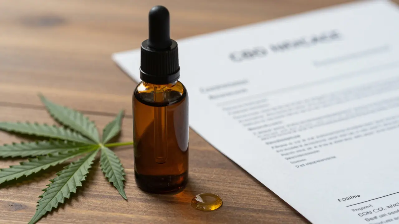Kvalitní lahvička CBD oleje s certifikátem analýzy a listy konopí na pozadí.