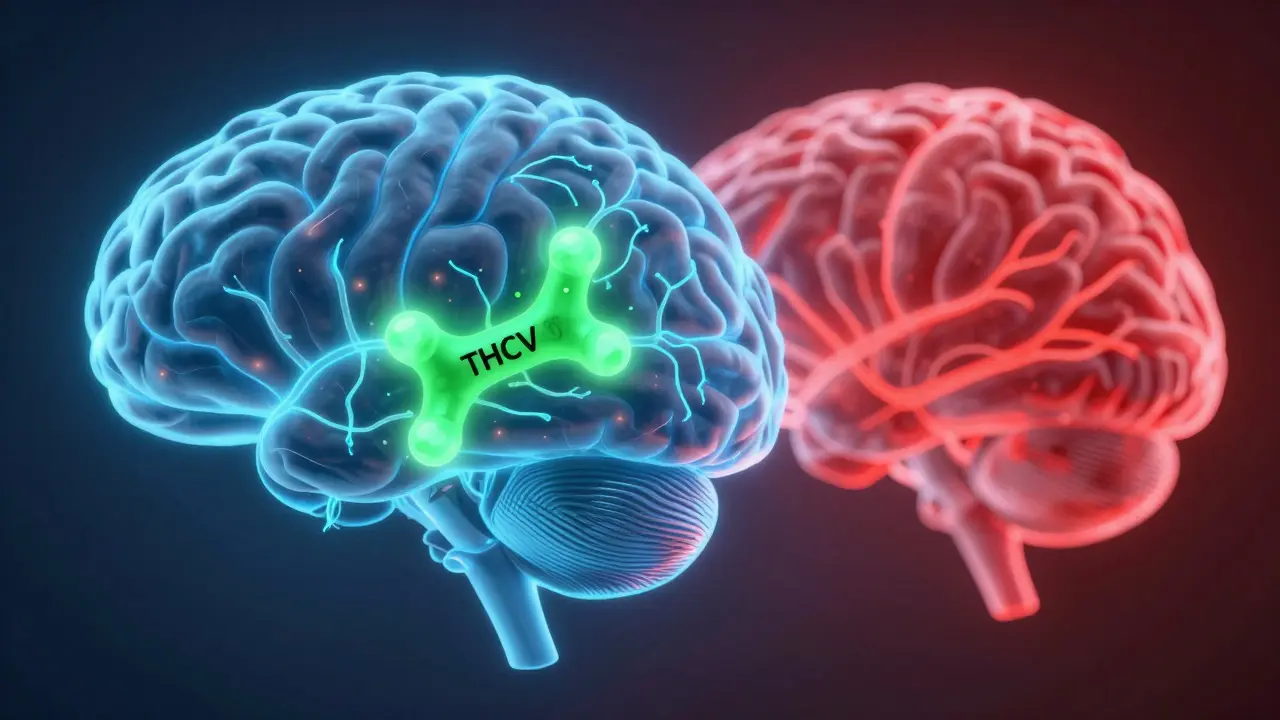 Mozek s regulací kanabinoidních receptorů THCV proti THC.
