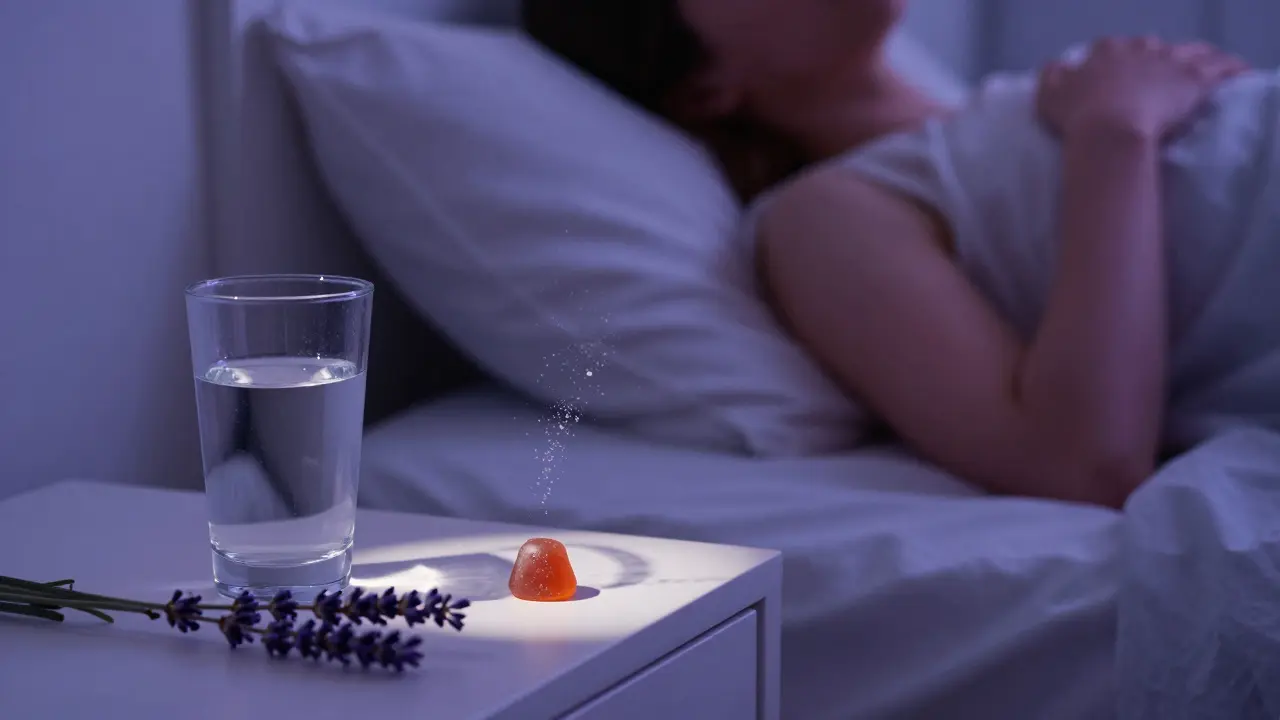 Osoba v posteli s CBD gumičkou a lavandou na nočním stolku pod měsíčním světlem.