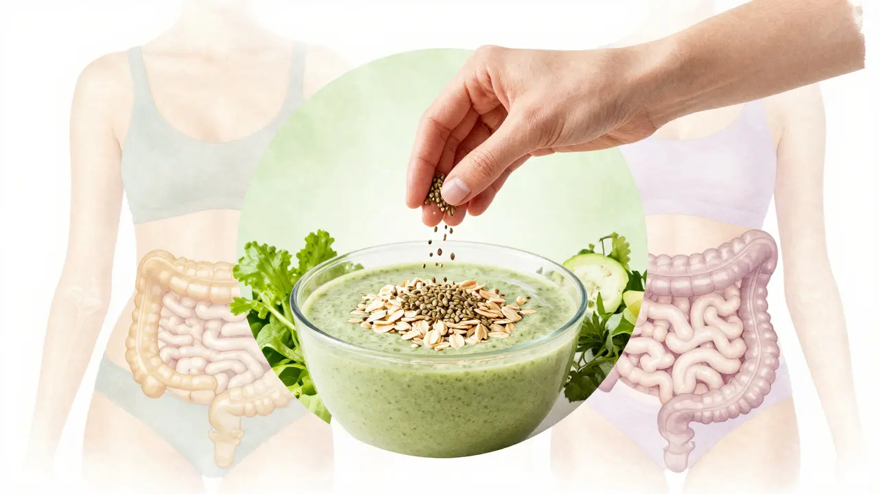 Ruka přesýpá konopná semínka na smoothie, ovesnou kaši a salát s podobrazem zdravých tkání.