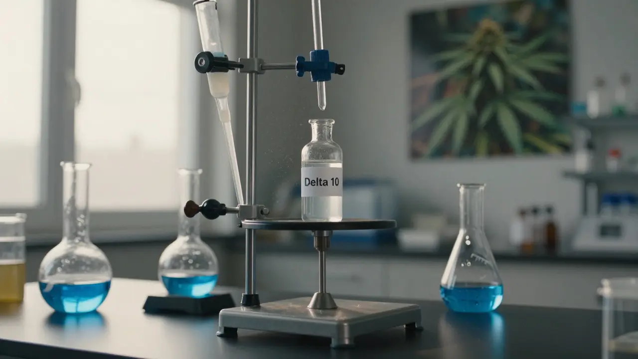 Laboratoř s chemickými nádobami, kde se vyrábí Delta 10 z CBD, světlo z okna osvětluje reakci.