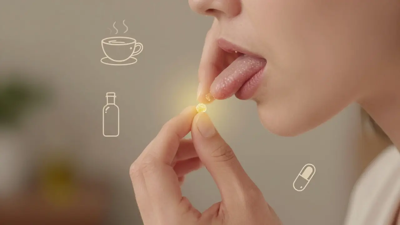 Osoba dává CBD crumble pod jazyk s teplým zářením kolem