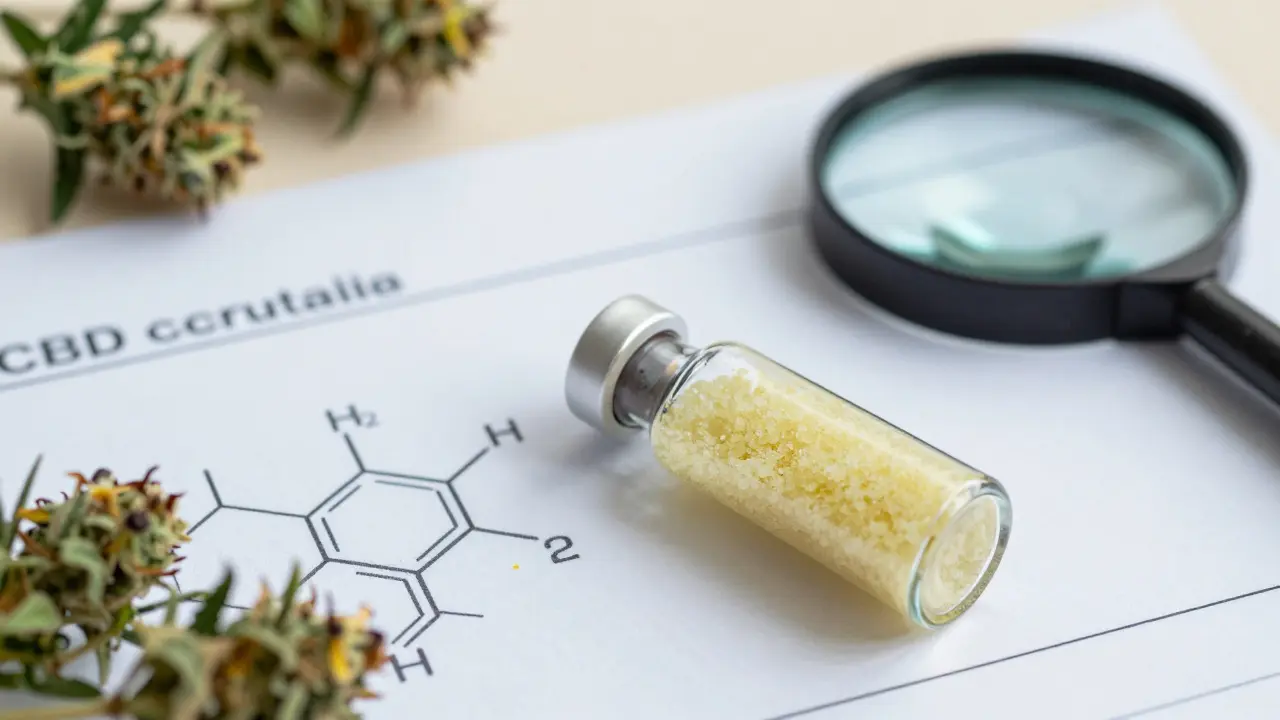 Skleněná lahvička s CBD crumble vedle laboratorního výsledku