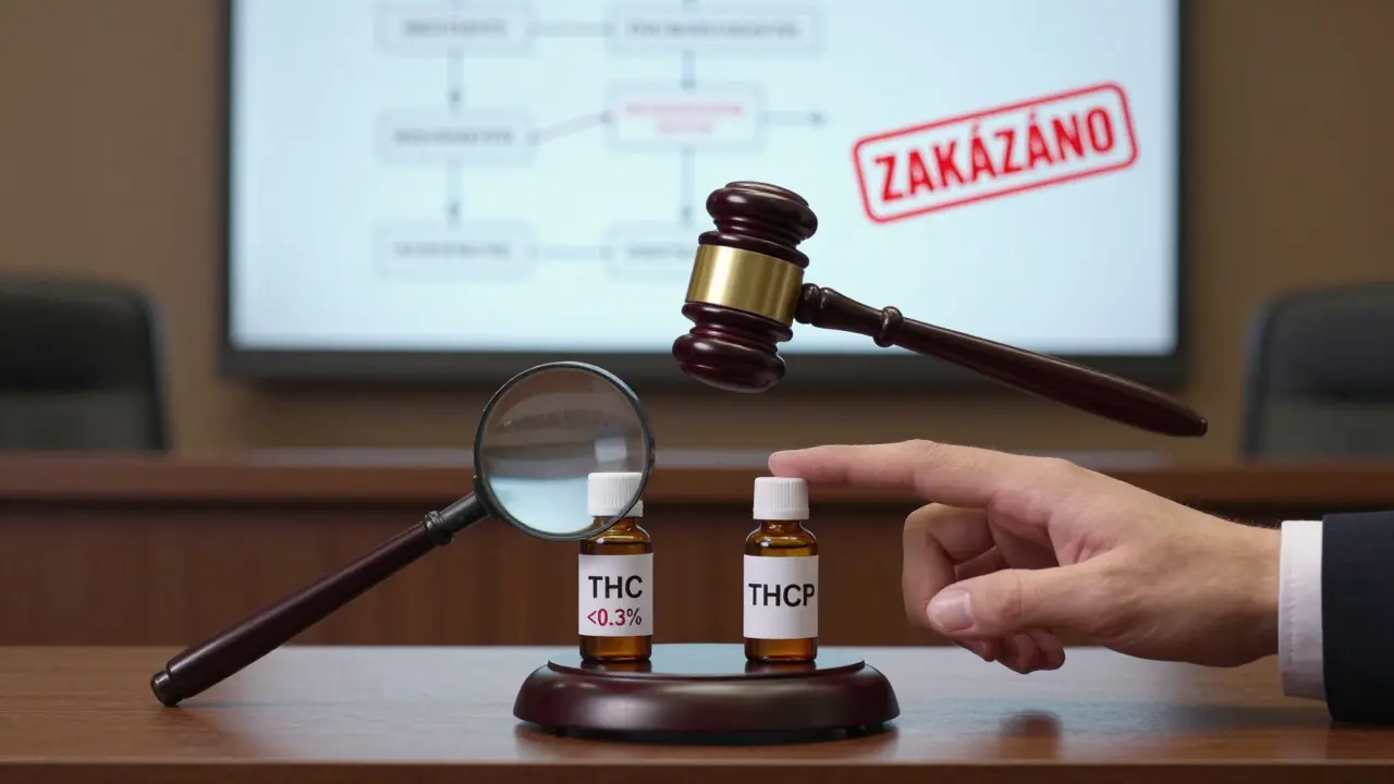 Soudní sál s dvěma lahvičkami pod lupou, jedna označena THCP, s červeným tiskem 'ZAKÁZÁNO'.