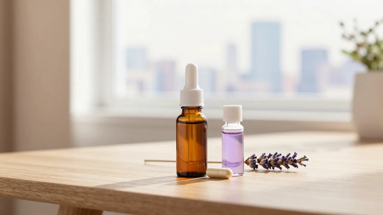 Tři legální alternativy k Hello Mood: CBD, CBN a terpeny na dřevěném stole v přírodním světle.