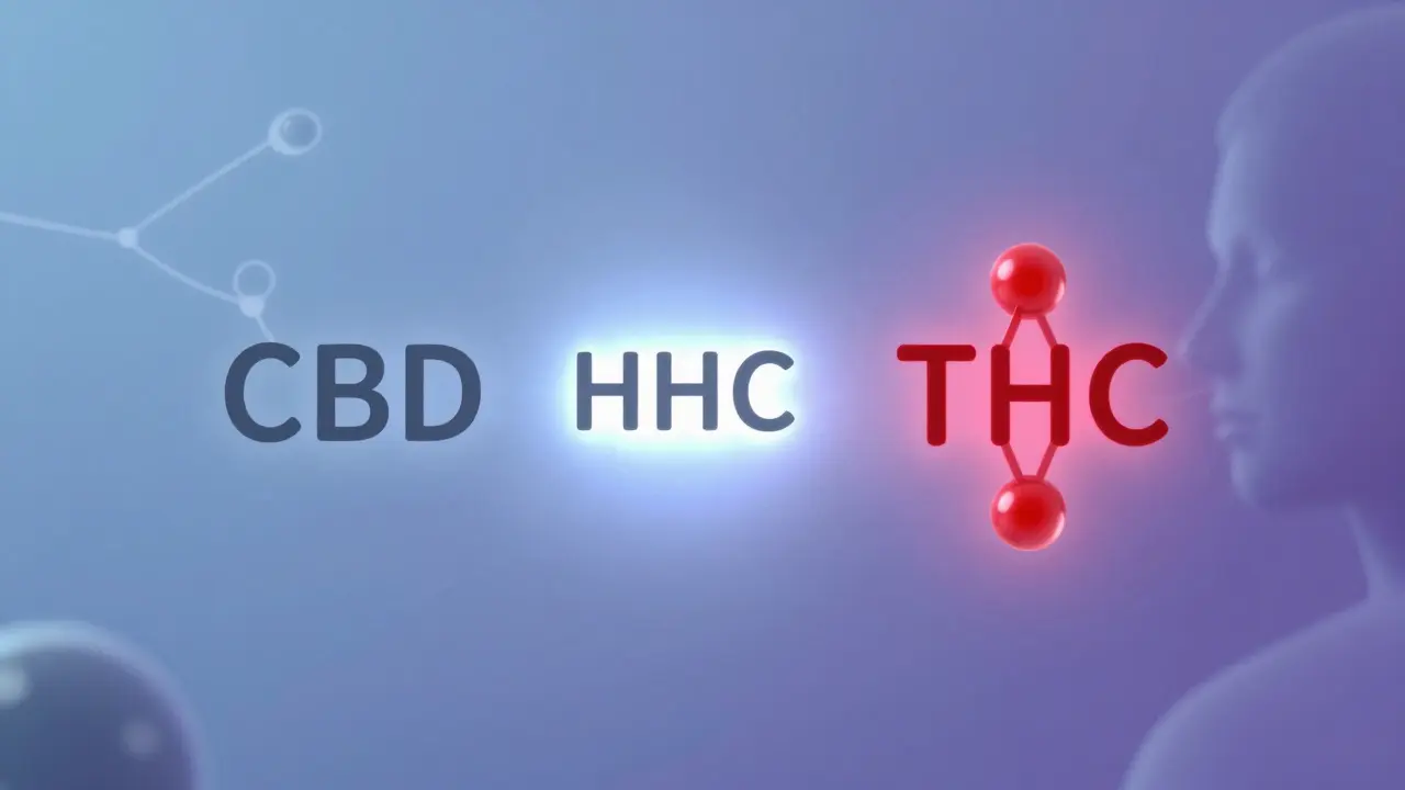 Umělecké znázornění molekul HHC, CBD a THC s neurálními cestami a člověkem v pozadí.