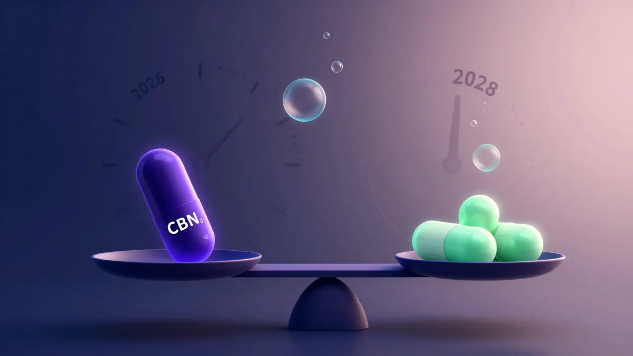 Váha s jednou CBN kapslí a třemi CBD kapslemi, pozadí s hodinami ukazujícími 2026 a 2028, symbolizující budoucí výrobu.