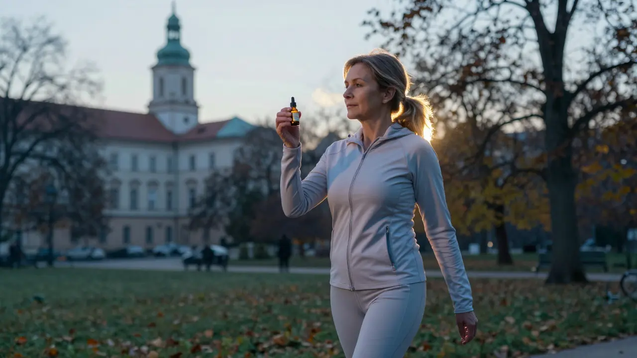 Žena prochází brněnským parkem ráno s lahvičkou CBD oleje.