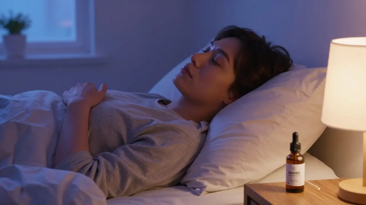 Klidný člověk v tlumeném osvětlení ložnice symbolizující hlubokou relaxaci a kvalitní spánek.
