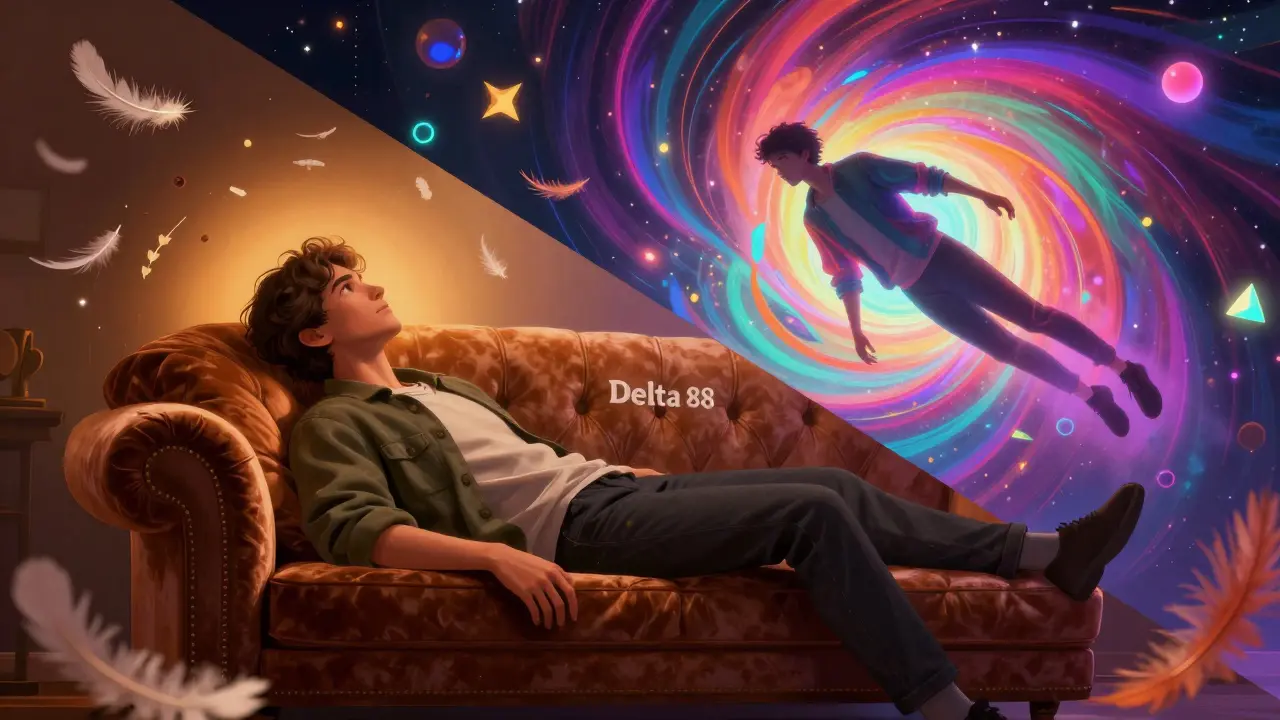 Kolaž znázorňující hlubokou relaxaci na gauči a intenzivní psychedlický zážitek.