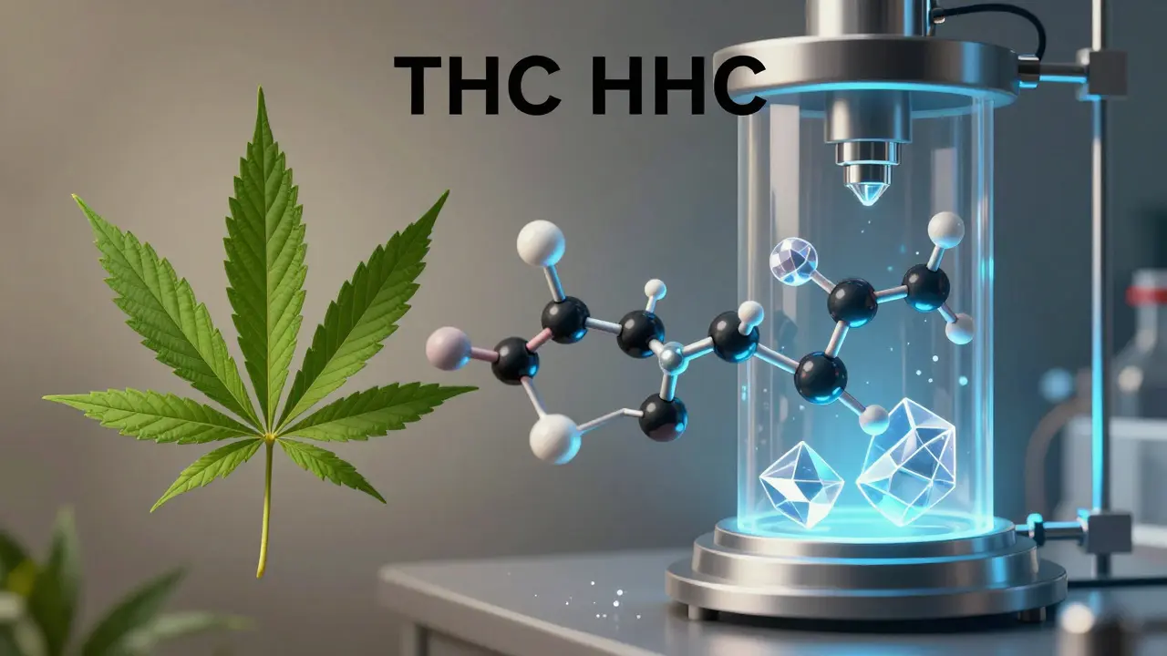 Konceptuální ilustrace přeměny přirozeného THC na semisyntetické HHC.