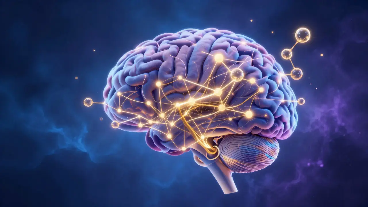 Konceptuální ilustrace vlivu CBD na serotonin a rovnováhu v mozku.