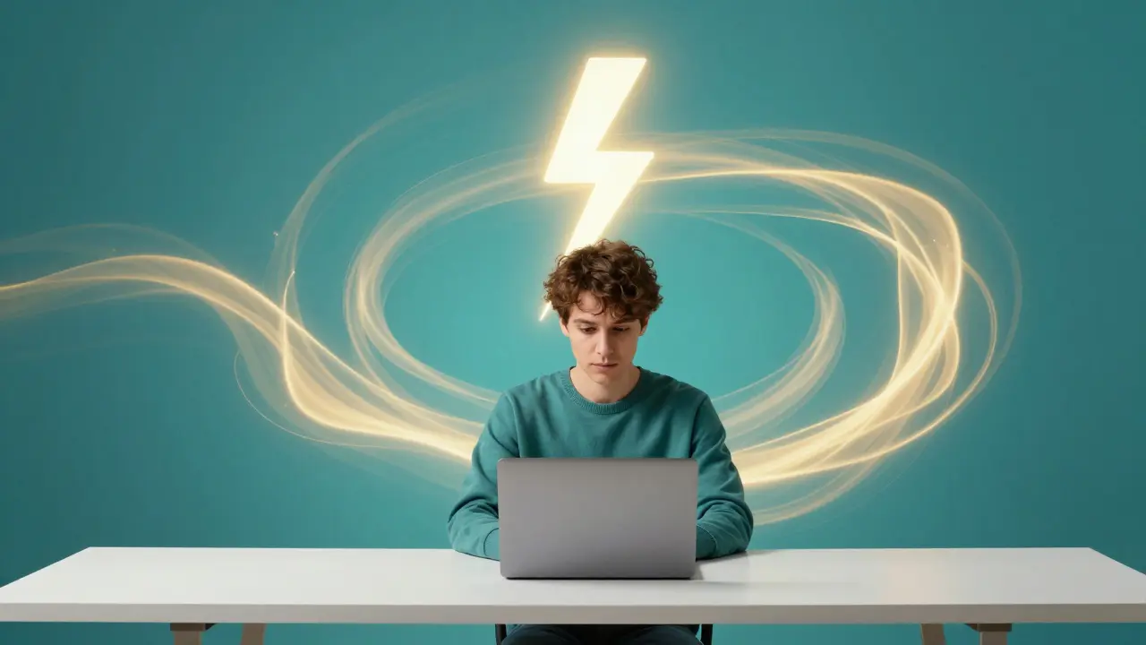 Kreativní zobrazení stavu flow: soustředěný člověk obklopen energií a klidem.