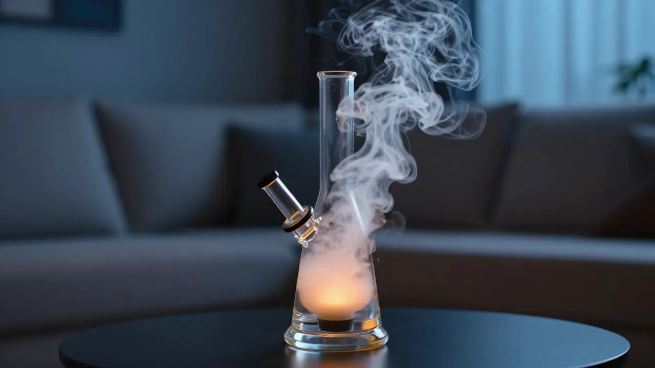Křišťálový dab rig s hustým bílým mrakem páry v moderním interiéru.