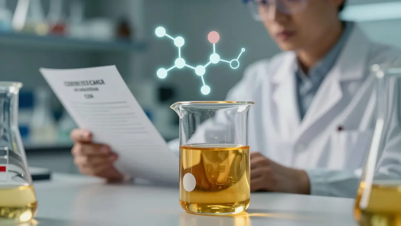 Laboratorní sklenice s golden olejem a holografickou molekulou kanabinoidu.