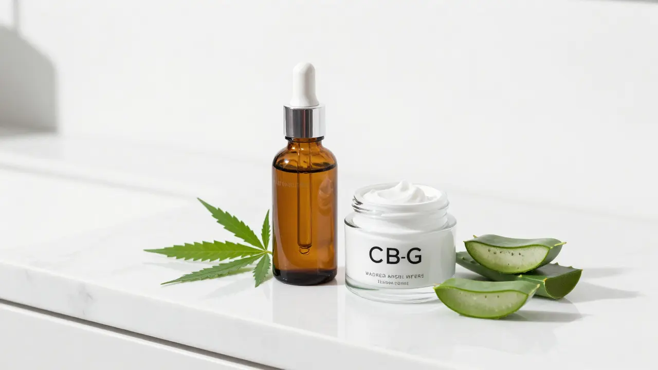 Luxusní kosmetika s CBG na mramorové desce s aloe vera.
