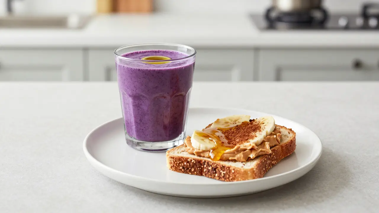 Zdravé ranní smoothie s konopným olejem a toast s arašídovým másem.