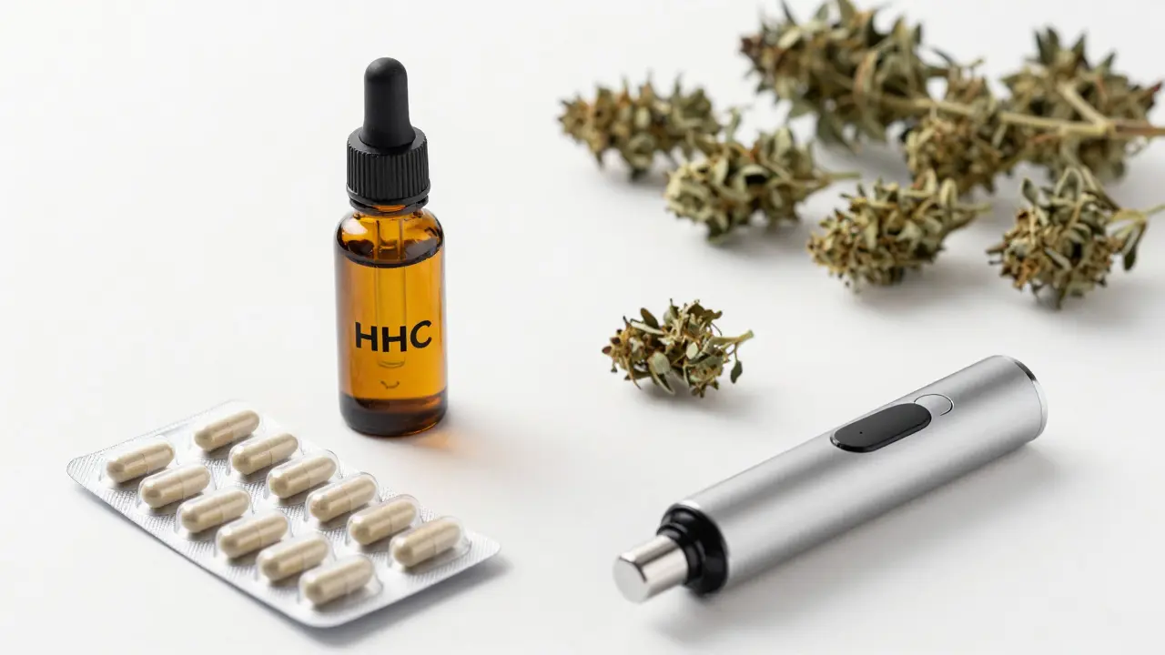 Bezpečné alternativy jako olej, kapsle a vaporizér na bílém pozadí
