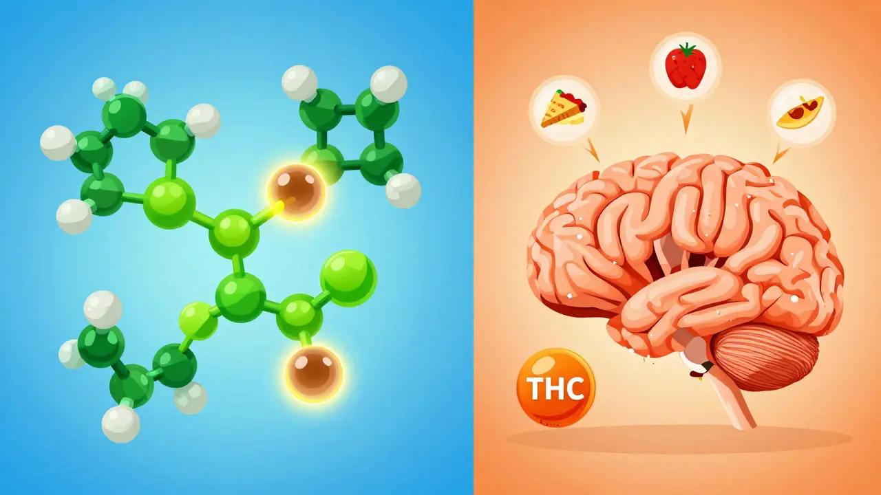 Grafické srovnání účinků CBD a THC na tukové buňky a chuť k jídlu