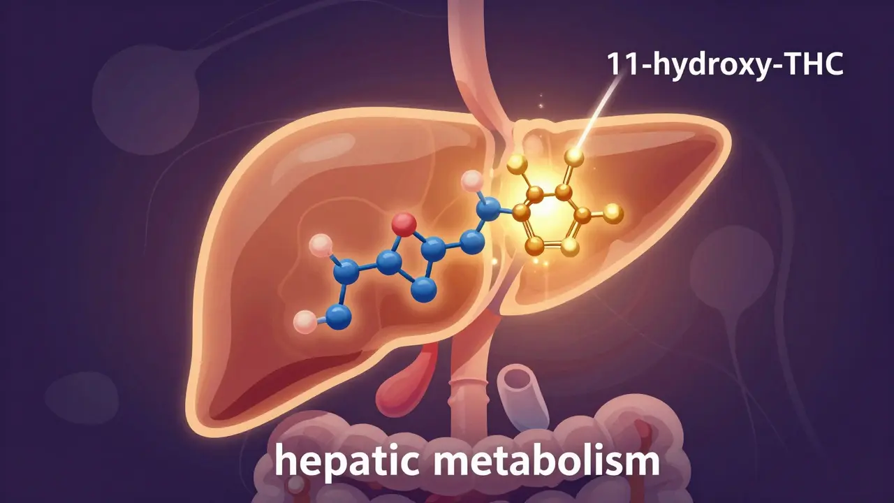 Ilustrace metabolismu THC v játrech přeměňující molekuly