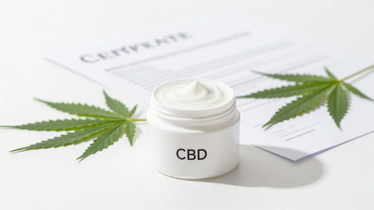 Kvalitní CBD krém vedle certifikátu a konopných listů.